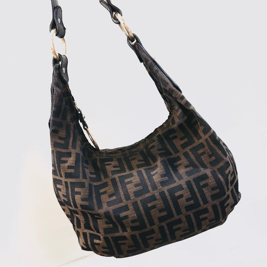 Fendi Brown GHW Zucca FF Monogram Logo Hobo Baguette Shoulder Bag