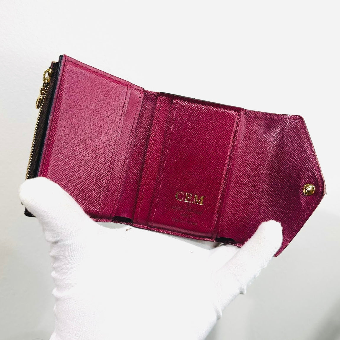 Louis Vuitton LV Zoe Monogram Logo & Fuchsia Leather GHW Flap Compact Trifold Wallet