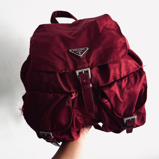 Prada Maroon Red Vela Monogram Logo Nylon & Leather Flap Backpack Drawstring Bag