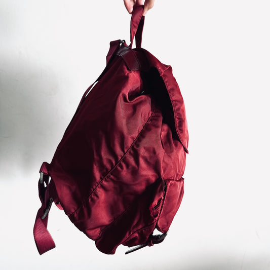 Prada Maroon Red Vela Monogram Logo Nylon & Leather Flap Backpack Drawstring Bag