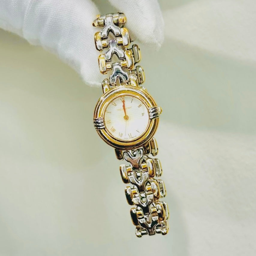 YSL Yves Saint Laurent Round Dial Gold & Stainless Steel Monogram Logo 22MM Quartz Watch