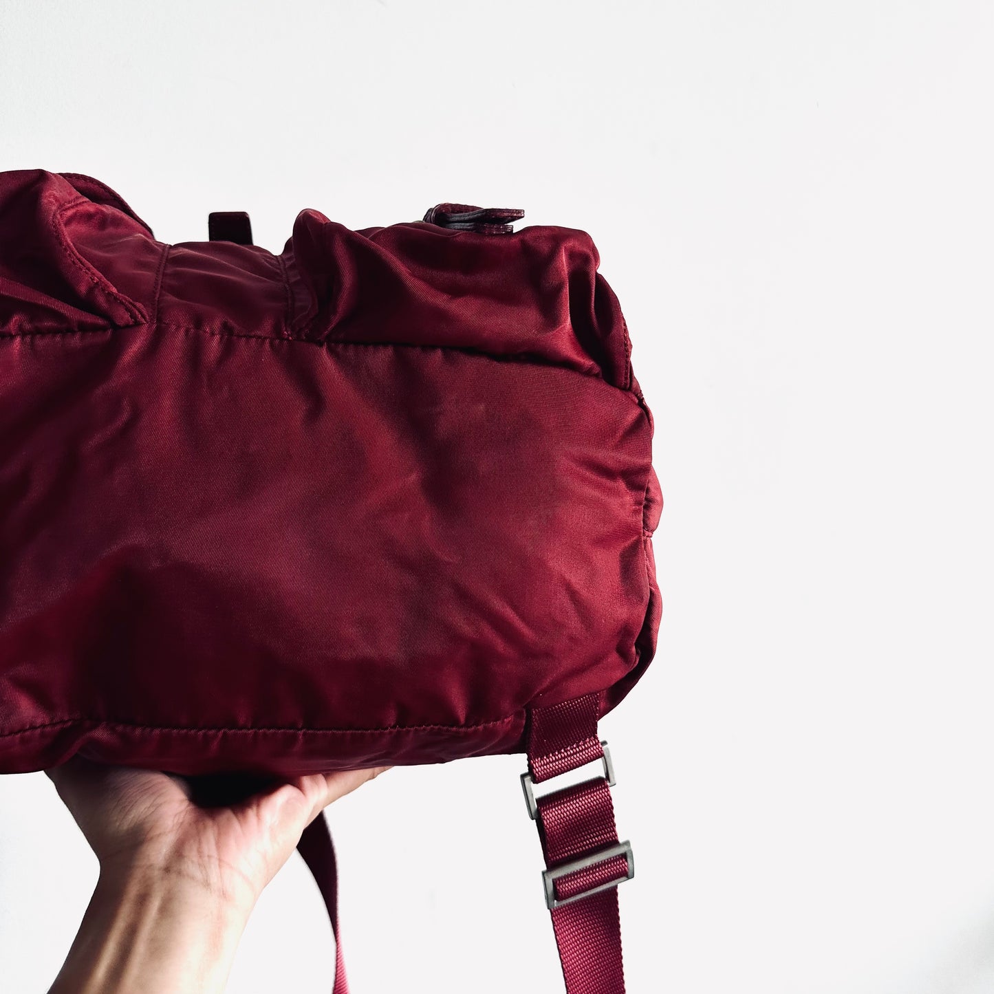 Prada Maroon Red Vela Monogram Logo Nylon & Leather Flap Backpack Drawstring Bag