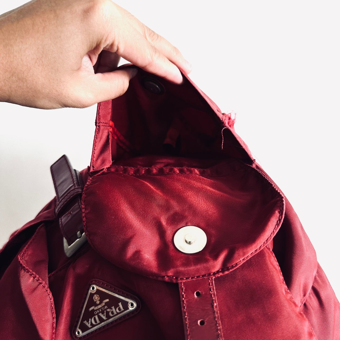 Prada Maroon Red Vela Monogram Logo Nylon & Leather Flap Backpack Drawstring Bag