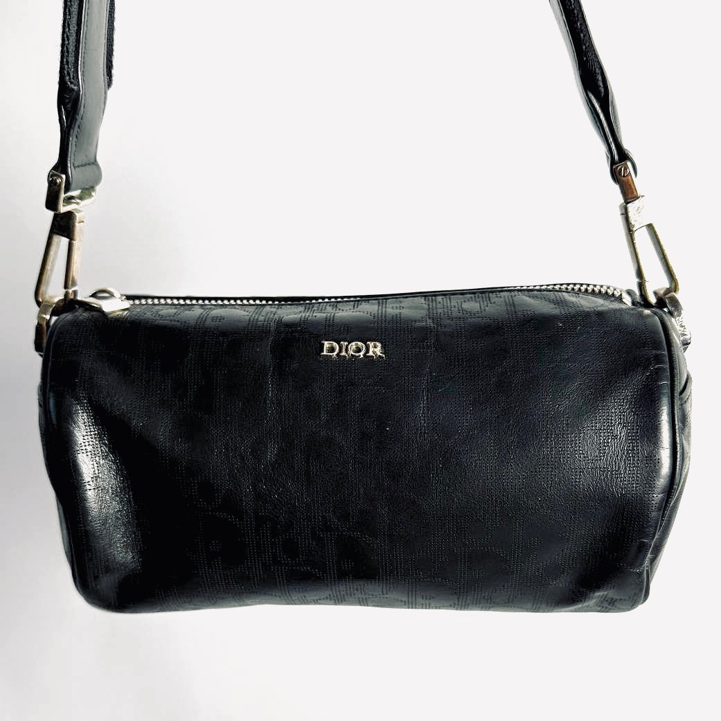Christian Dior CD Black Oblique Leather Monogram Logo Hobo Roller Messenger Shoulder Sling Bag