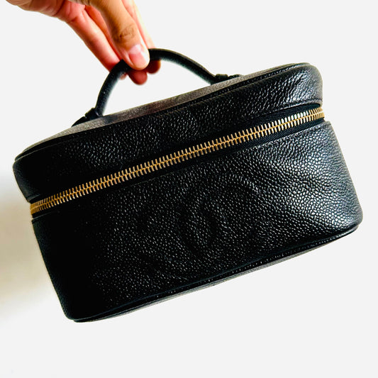 Chanel Black GHW Caviar Giant CC Logo Wide Horizontal Vanity Case Vintage Top Handle Bag 4s