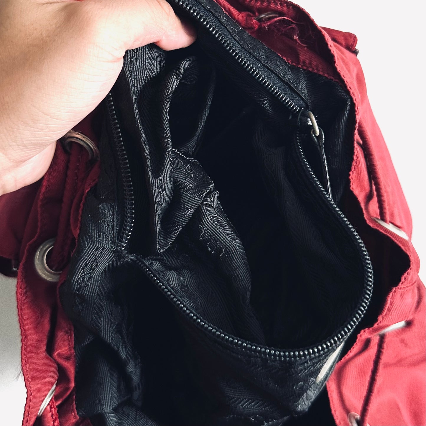 Prada Maroon Red Vela Monogram Logo Nylon & Leather Flap Backpack Drawstring Bag