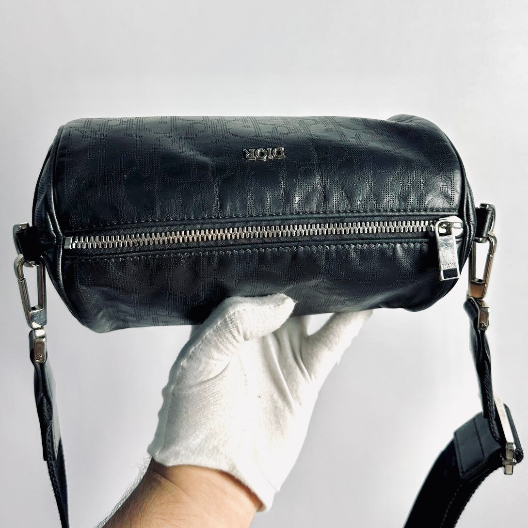 Christian Dior CD Black Oblique Leather Monogram Logo Hobo Roller Messenger Shoulder Sling Bag