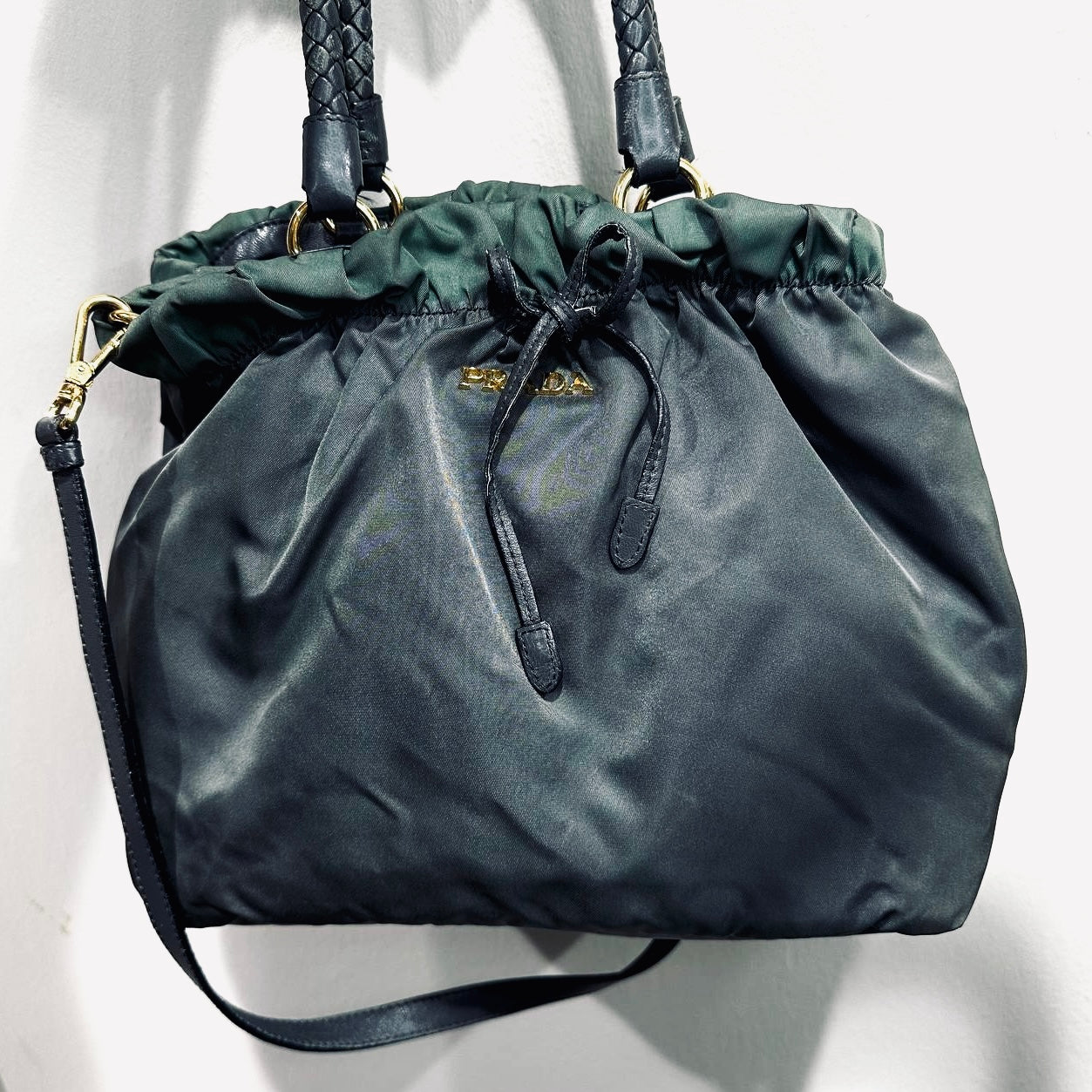 Prada Dark Green Ardesia GHW Bow Ruched Tessuto Classic Logo Nylon & Leather 2-Way Shoulder Sling Shopper Tote Bag