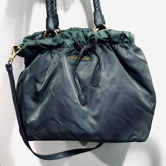 Prada Dark Green Ardesia GHW Bow Ruched Tessuto Classic Logo Nylon & Leather 2-Way Shoulder Sling Shopper Tote Bag