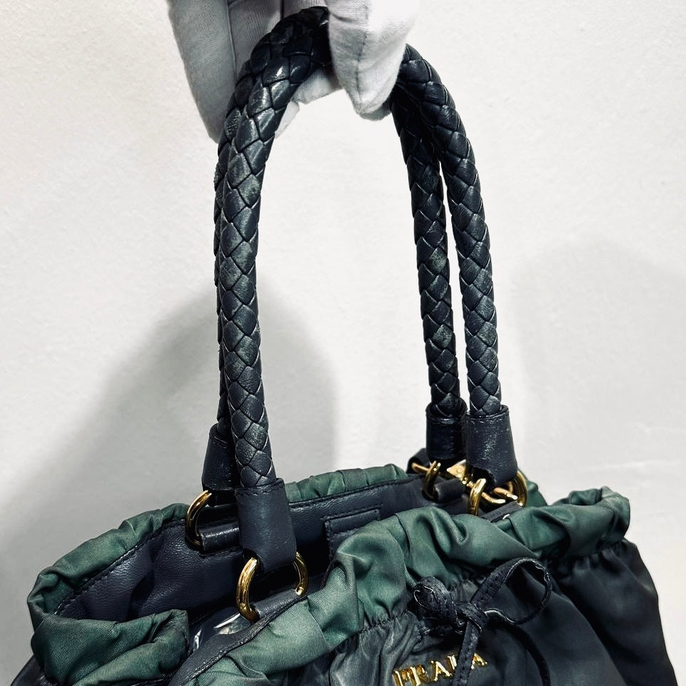 Prada Dark Green Ardesia GHW Bow Ruched Tessuto Classic Logo Nylon & Leather 2-Way Shoulder Sling Shopper Tote Bag