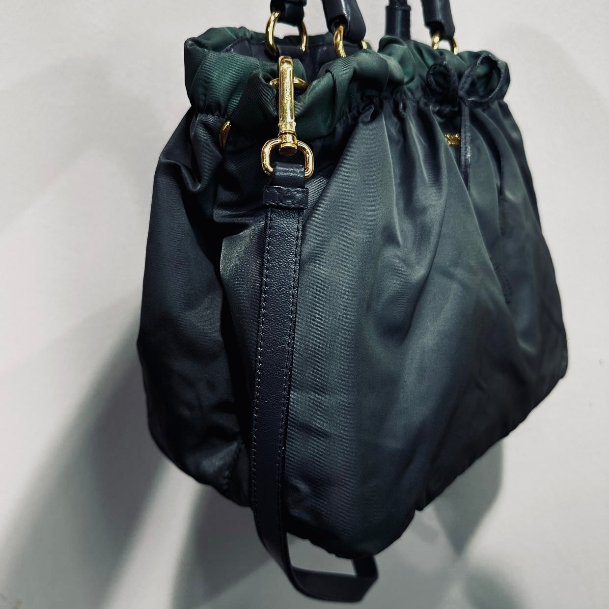 Prada Dark Green Ardesia GHW Bow Ruched Tessuto Classic Logo Nylon & Leather 2-Way Shoulder Sling Shopper Tote Bag