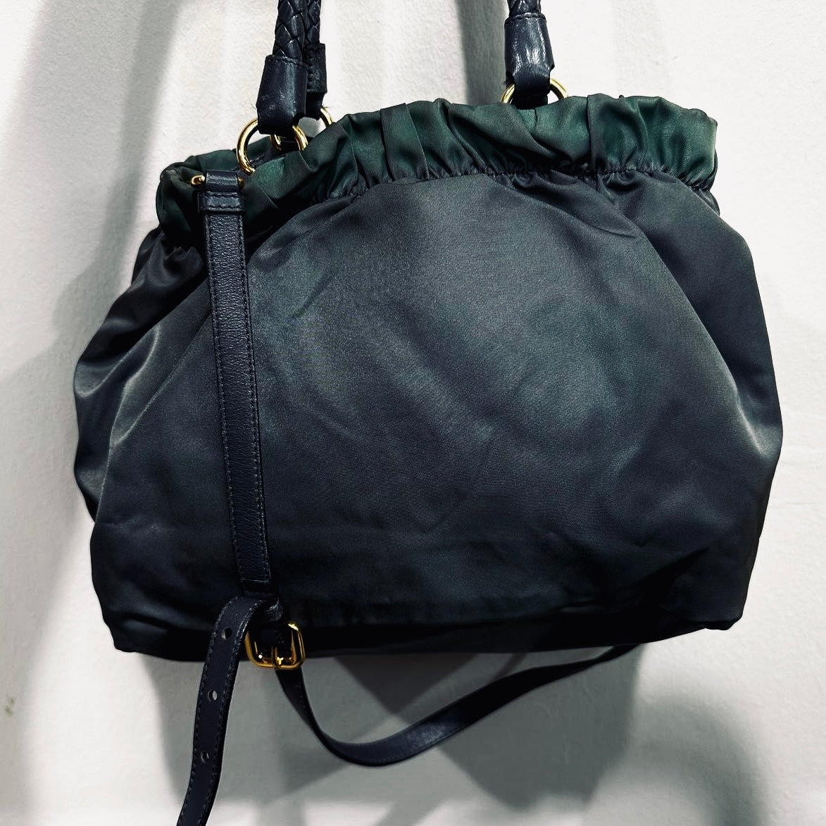 Prada Dark Green Ardesia GHW Bow Ruched Tessuto Classic Logo Nylon & Leather 2-Way Shoulder Sling Shopper Tote Bag