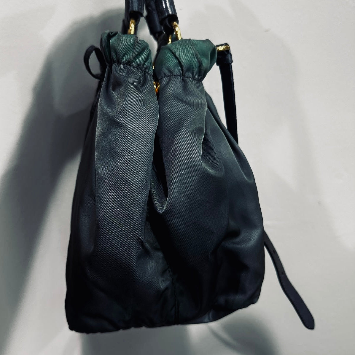 Prada Dark Green Ardesia GHW Bow Ruched Tessuto Classic Logo Nylon & Leather 2-Way Shoulder Sling Shopper Tote Bag