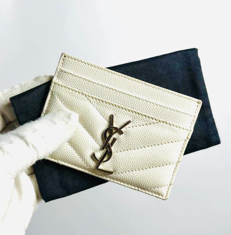 YSL Yves Saint Laurent White Cassandre Grain de Poudre Leather Cardholder Card Case Holder Wallet