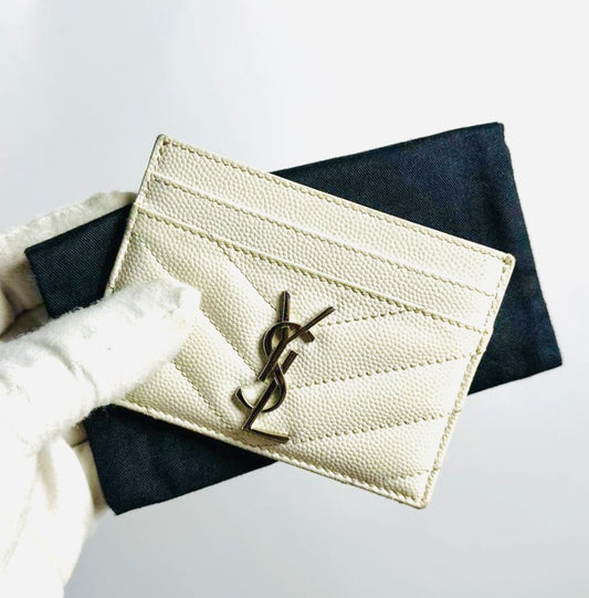 YSL Yves Saint Laurent White Cassandre Grain de Poudre Leather Cardholder Card Case Holder Wallet