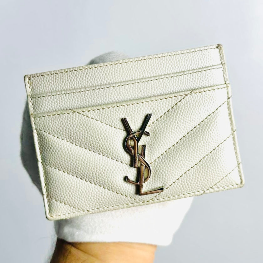 YSL Yves Saint Laurent White Cassandre Grain de Poudre Leather Cardholder Card Case Holder Wallet