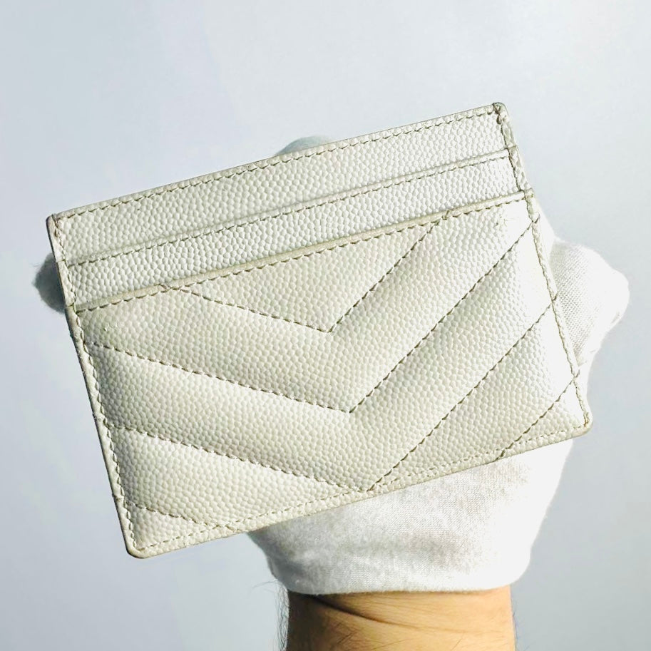 YSL Yves Saint Laurent White Cassandre Grain de Poudre Leather Cardholder Card Case Holder Wallet