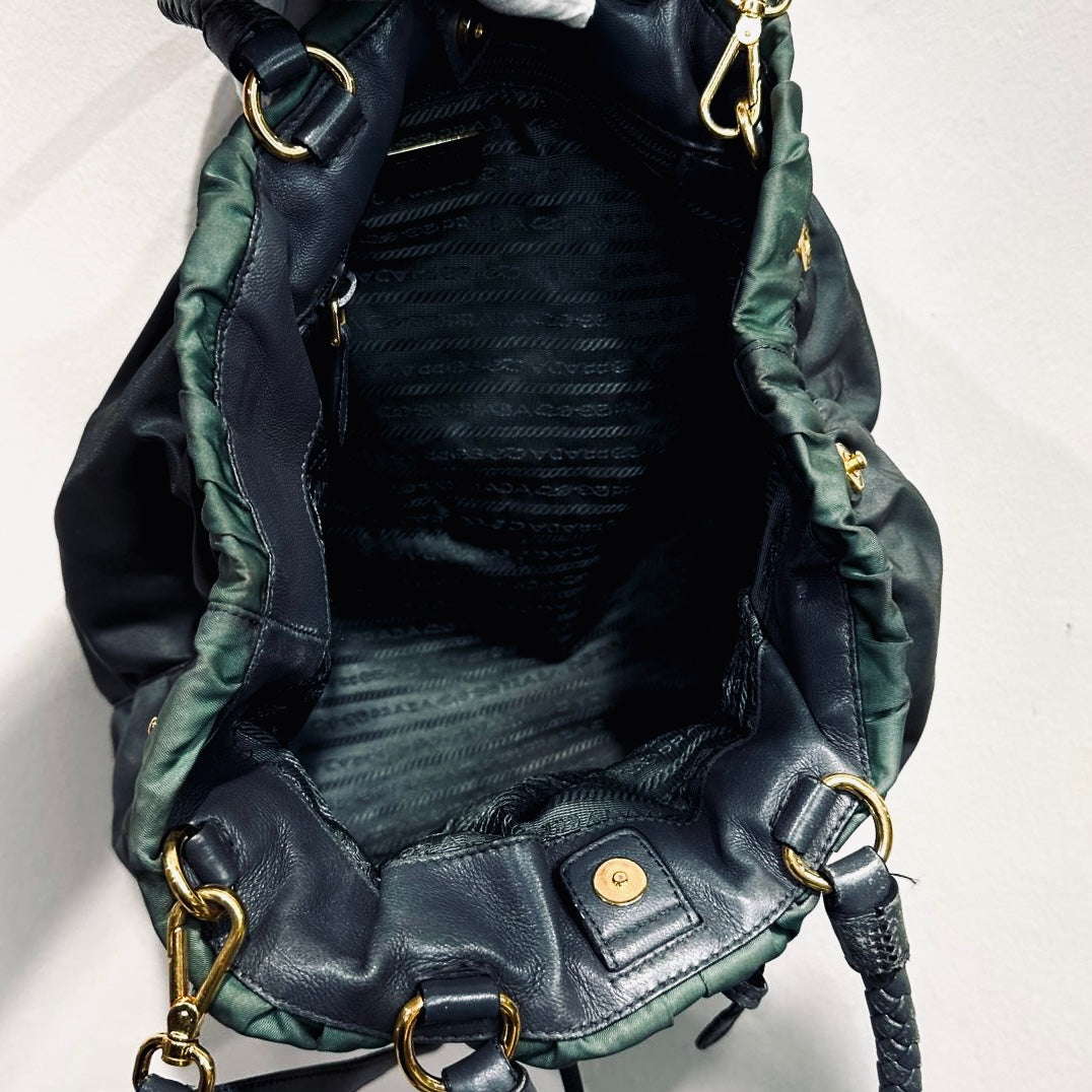 Prada Dark Green Ardesia GHW Bow Ruched Tessuto Classic Logo Nylon & Leather 2-Way Shoulder Sling Shopper Tote Bag