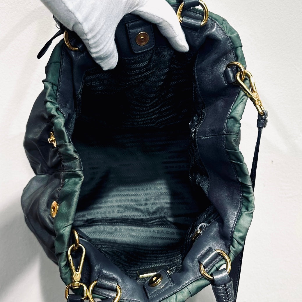 Prada Dark Green Ardesia GHW Bow Ruched Tessuto Classic Logo Nylon & Leather 2-Way Shoulder Sling Shopper Tote Bag