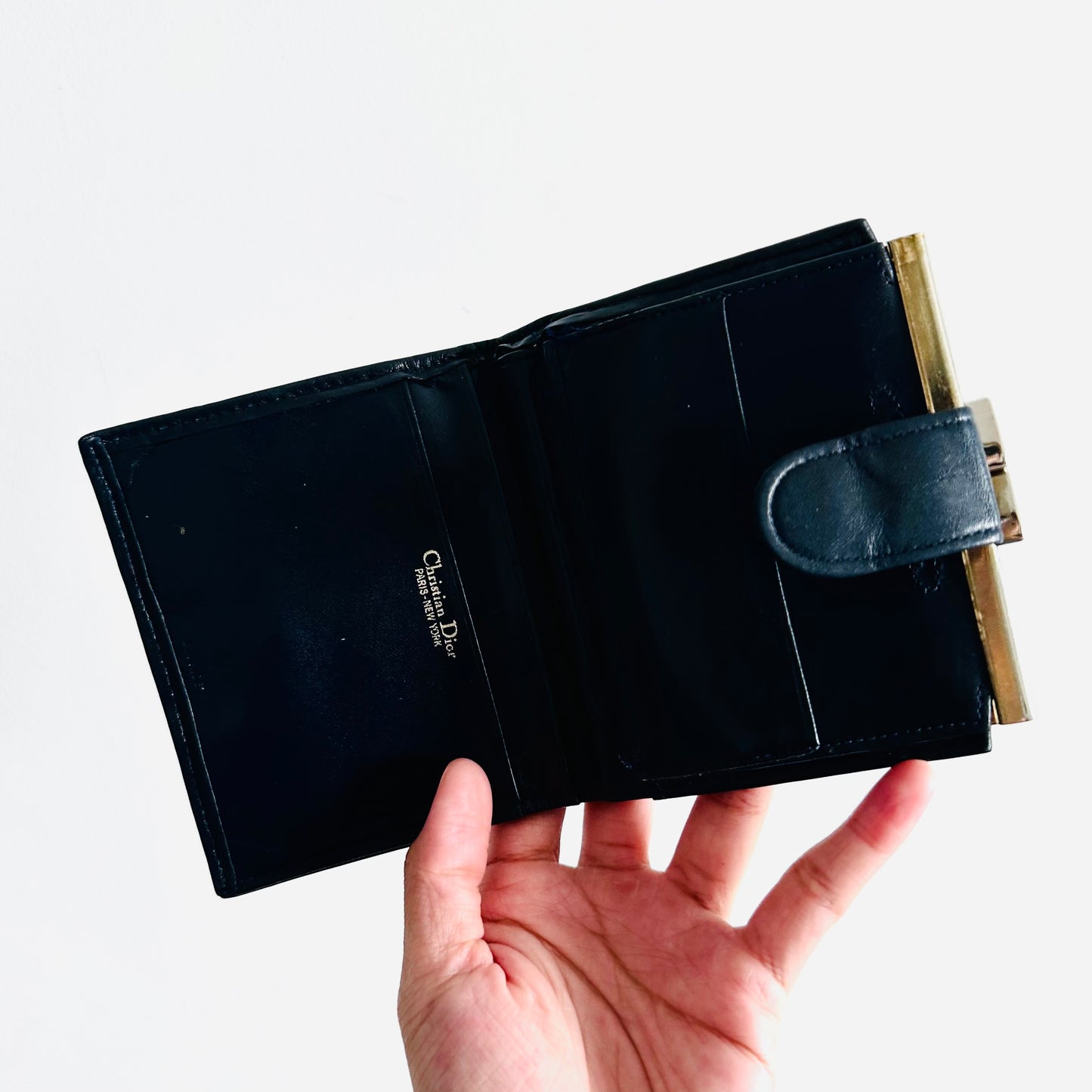 Christian Dior CD Navy Blue Oblique Monogram Logo Vintage Bifold Flap Compact Wallet