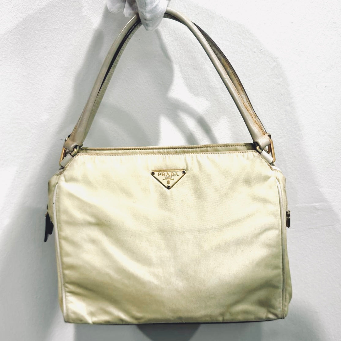 Prada Off White Cream Tessuto Chic Monogram Logo Nylon Shopper Shoulder Tote Bag