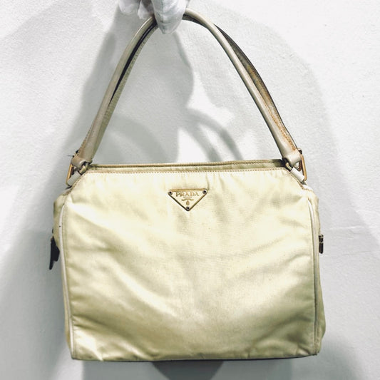 Prada Off White Cream Tessuto Chic Monogram Logo Nylon Shopper Shoulder Tote Bag