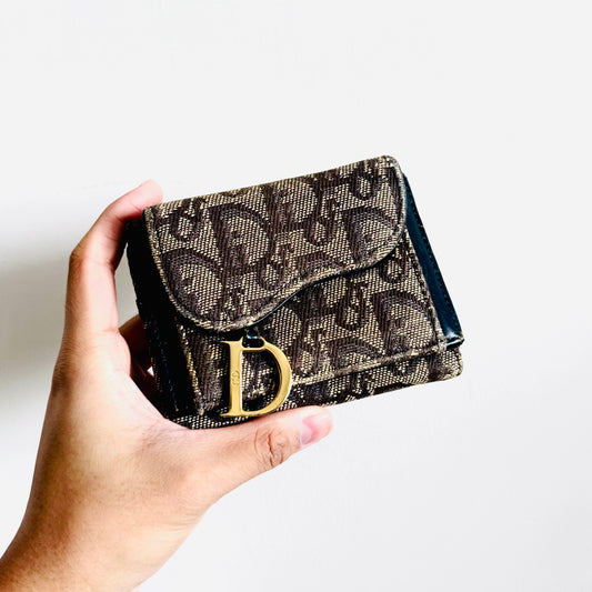 Christian Dior CD Saddle Dark Grey/ Navy Blue GHW Oblique Monogram Logo Trifold Flap Compact Wallet