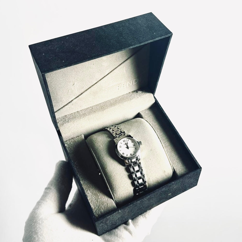 Fendi FF Stainless Steel Monogram Logo White Round Dial 2100L 26MM Quartz Bracelet Watch