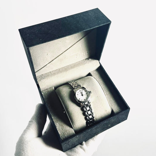 Fendi FF Stainless Steel Monogram Logo White Round Dial 2100L 26MM Quartz Bracelet Watch