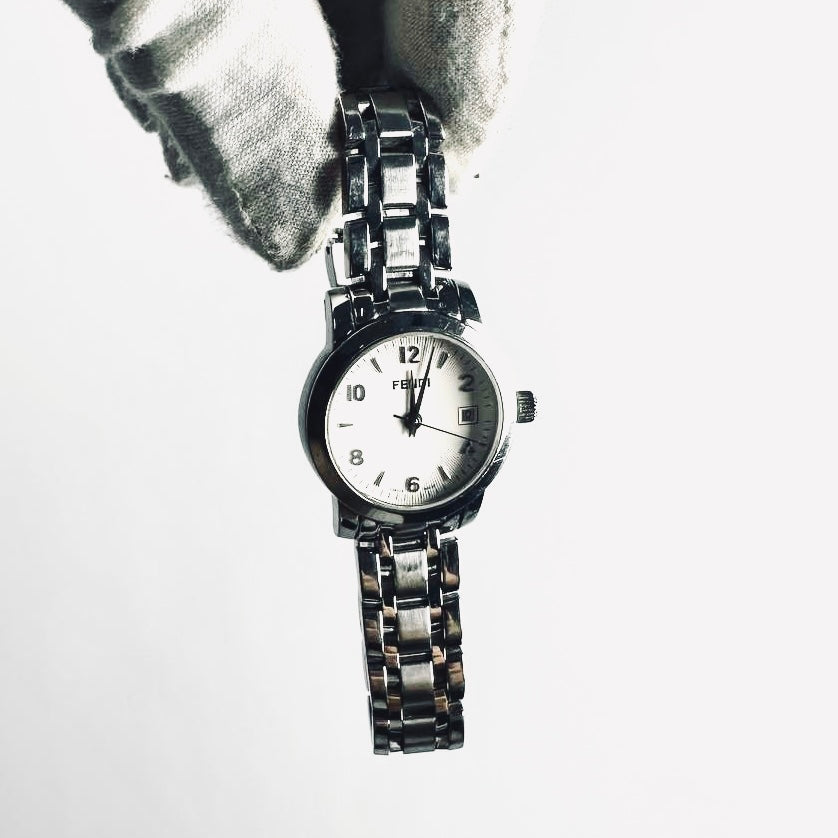 Fendi FF Stainless Steel Monogram Logo White Round Dial 2100L 26MM Quartz Bracelet Watch