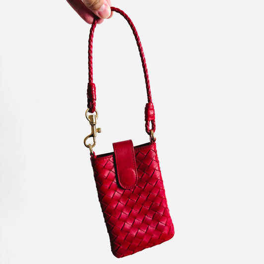 Bottega Veneta BV Red GHW Intrecciato Nappa Woven Leather Mini Pochette Holder Bag