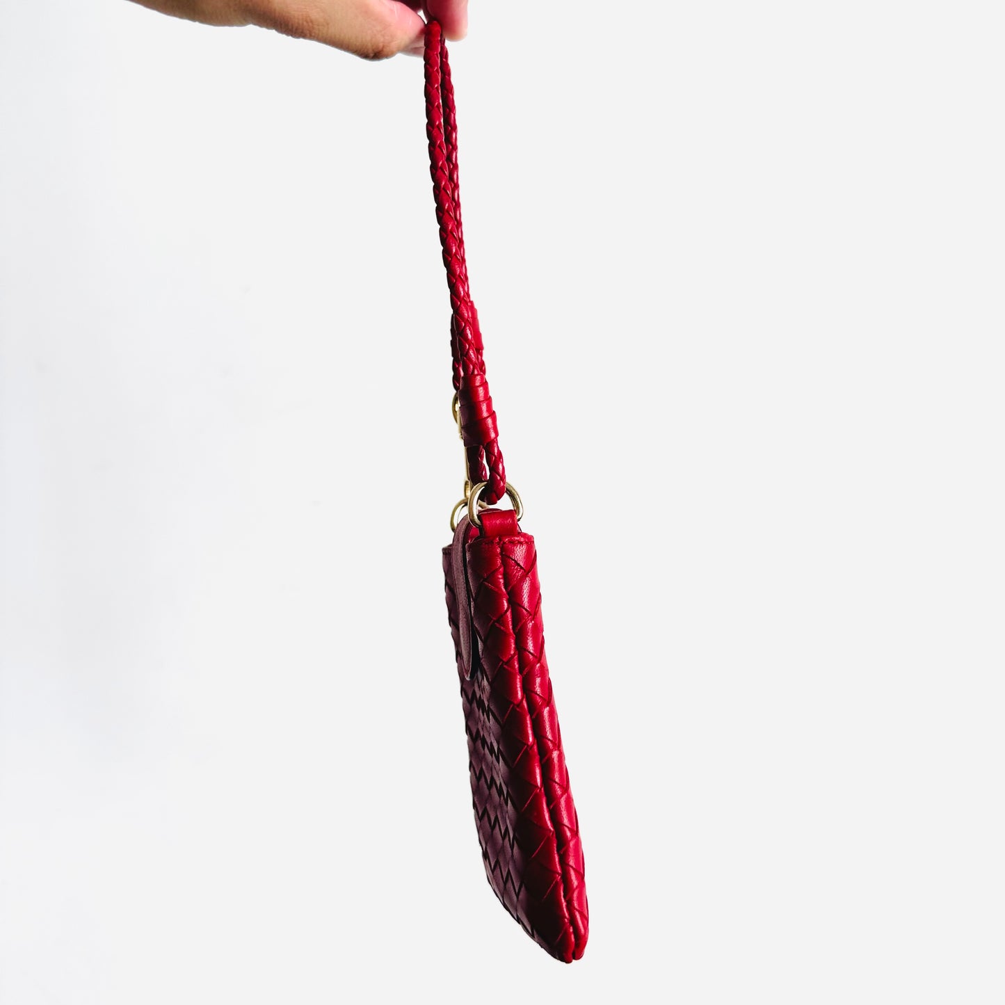 Bottega Veneta BV Red GHW Intrecciato Nappa Woven Leather Mini Pochette Holder Bag