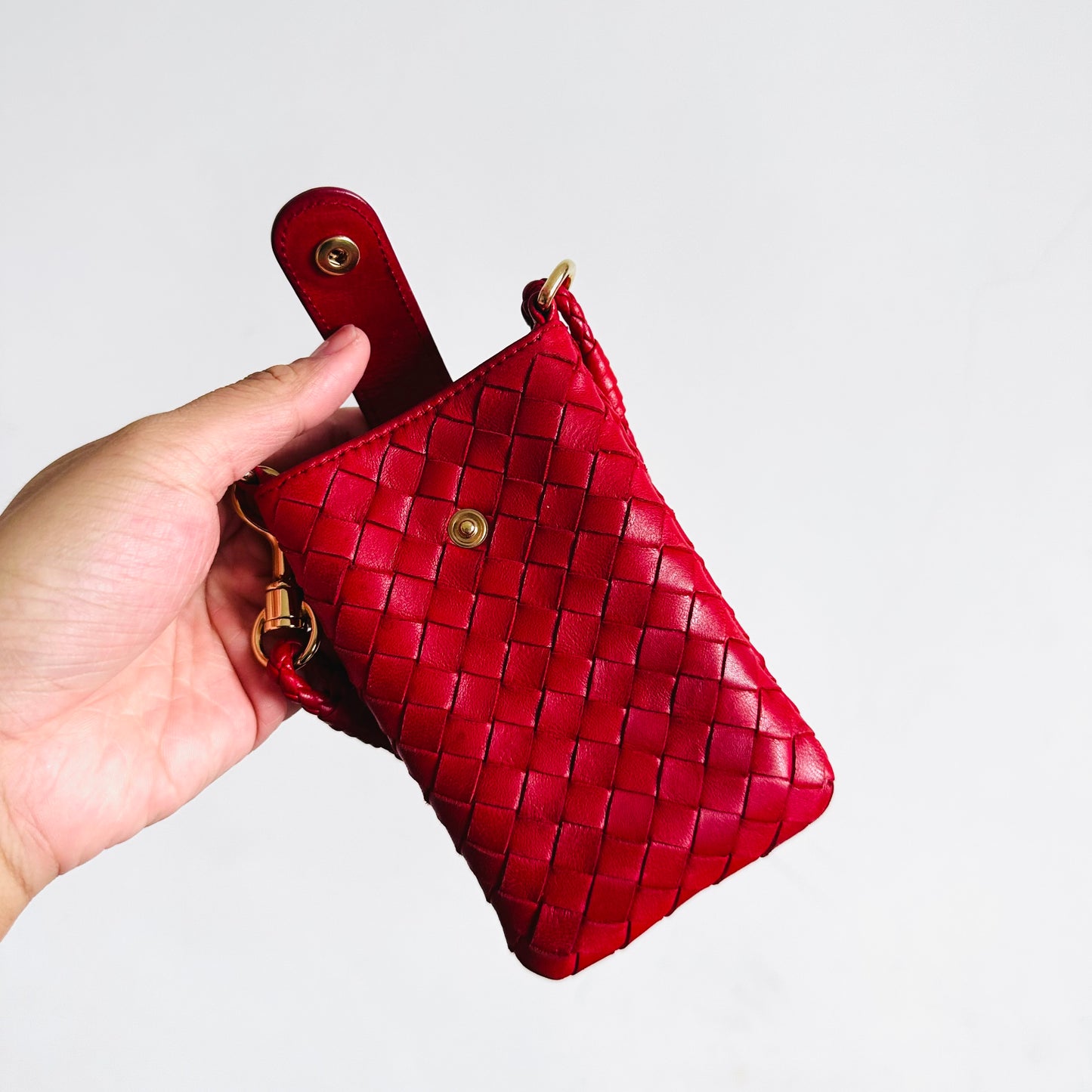 Bottega Veneta BV Red GHW Intrecciato Nappa Woven Leather Mini Pochette Holder Bag
