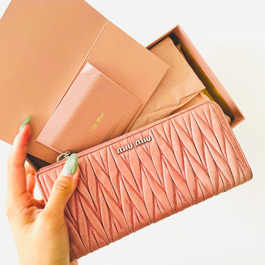 Miu Miu Pink Matelasse Lux Leather Monogram Logo Zip Long Wallet