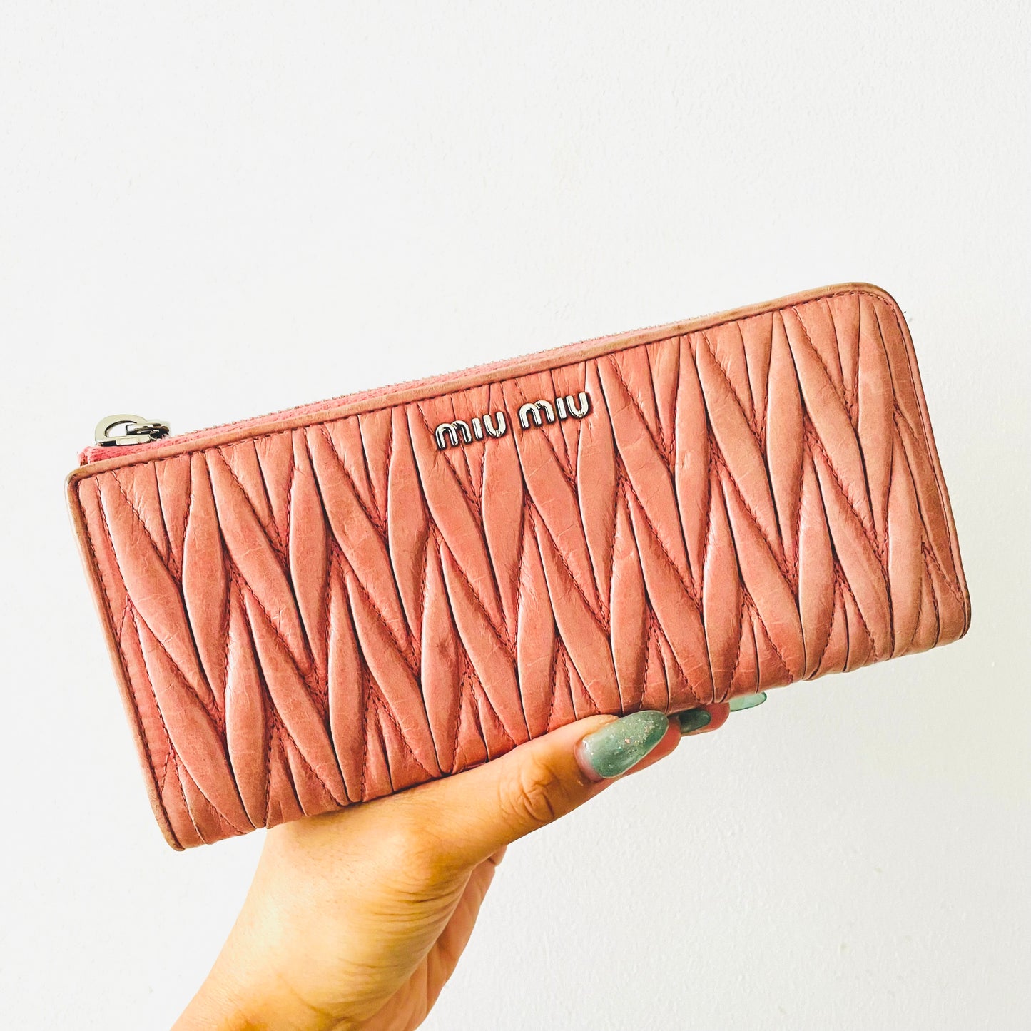Miu Miu Pink Matelasse Lux Leather Monogram Logo Zip Long Wallet