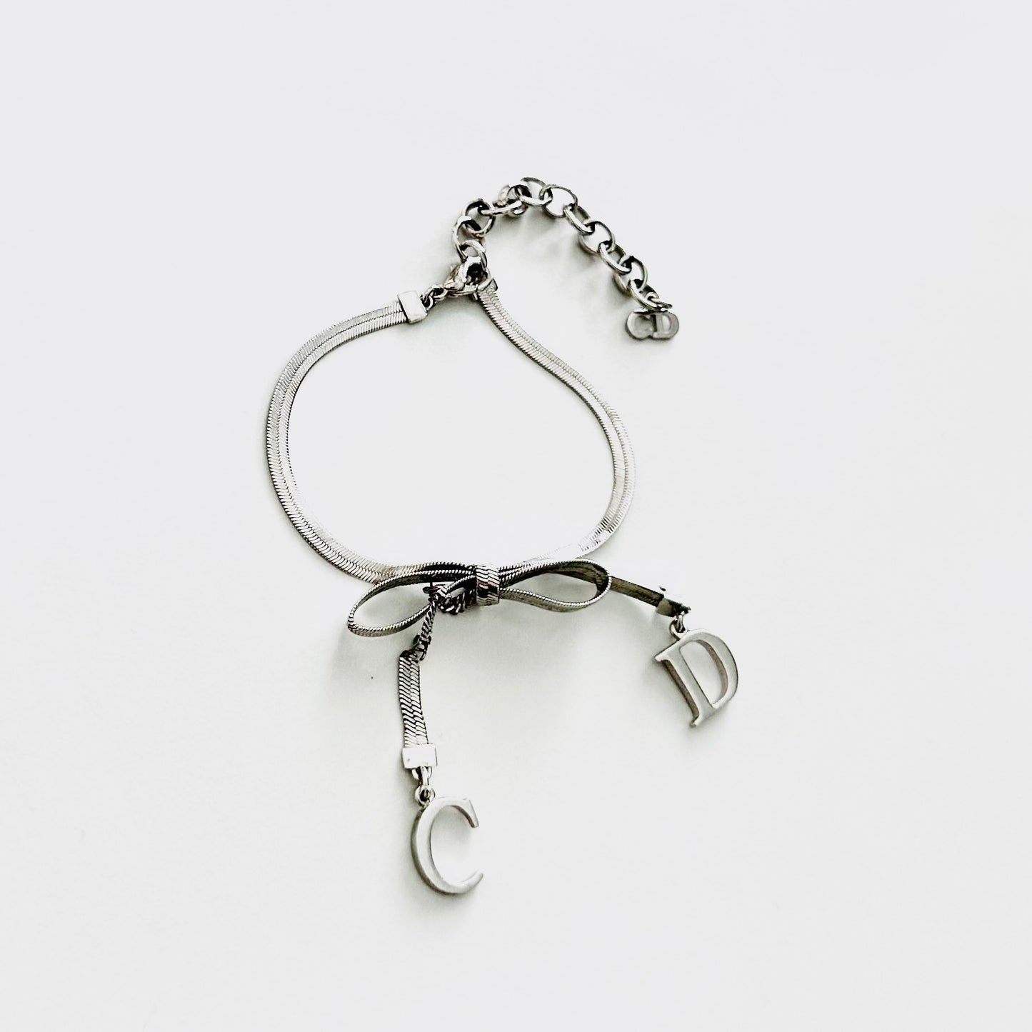 Christian Dior CD Ribbon Monogram Logo Charms Signature Classic Silver Chain Vintage Bracelet
