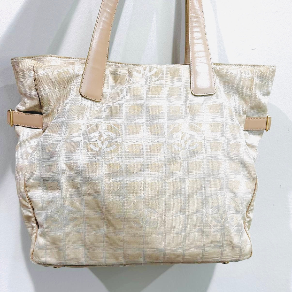 Chanel Beige GHW Travel Line Quilted Jacquard CC Monogram Logo Shopper Shoulder Tote Bag 10s