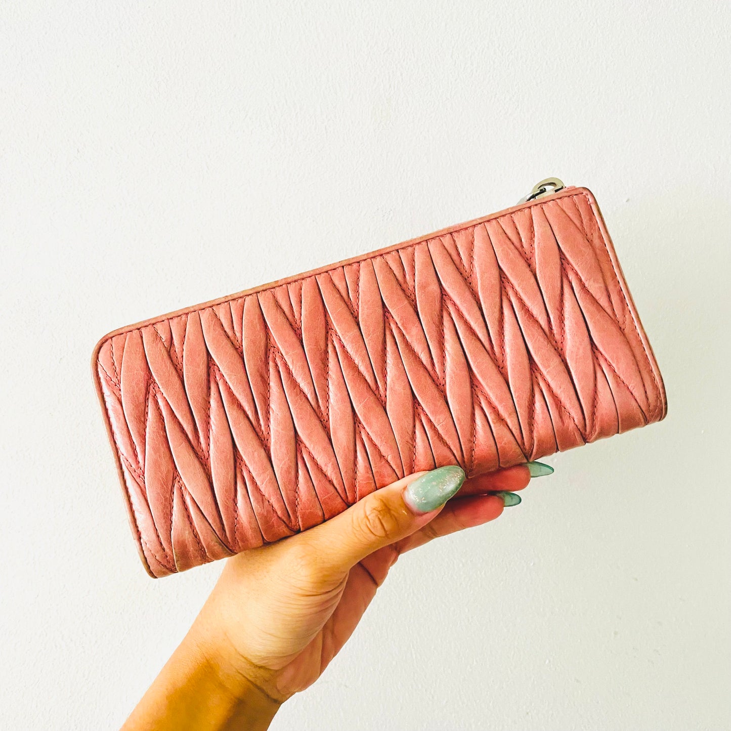 Miu Miu Pink Matelasse Lux Leather Monogram Logo Zip Long Wallet