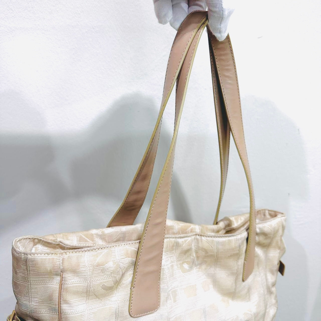 Chanel Beige GHW Travel Line Quilted Jacquard CC Monogram Logo Shopper Shoulder Tote Bag 10s