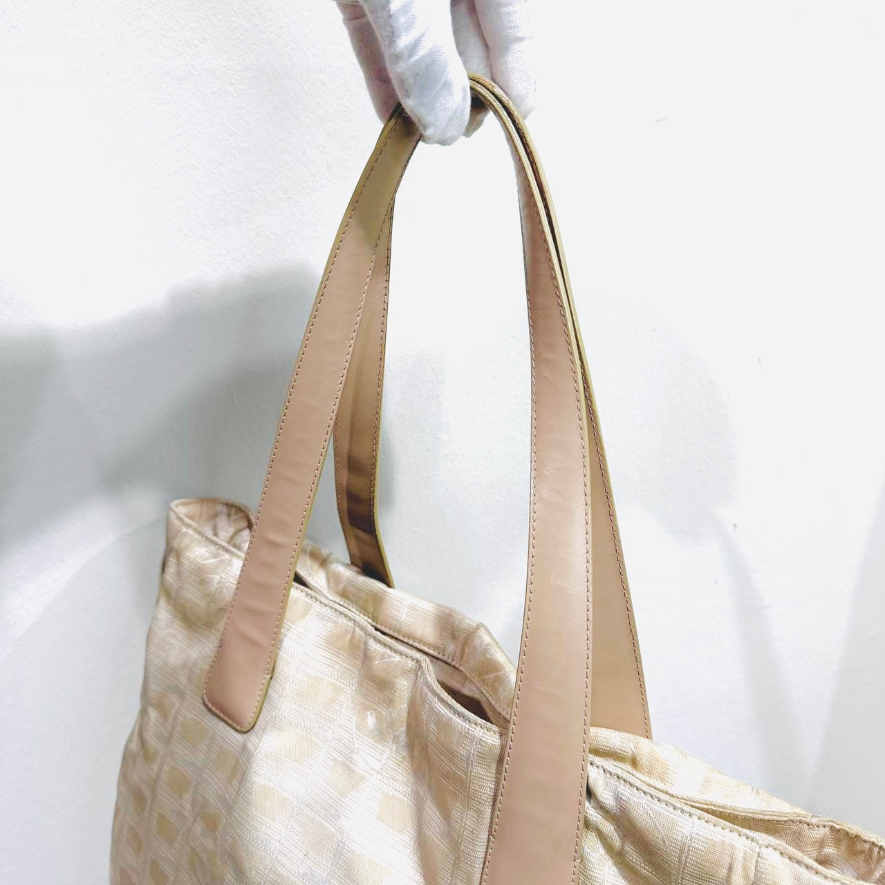 Chanel Beige GHW Travel Line Quilted Jacquard CC Monogram Logo Shopper Shoulder Tote Bag 10s