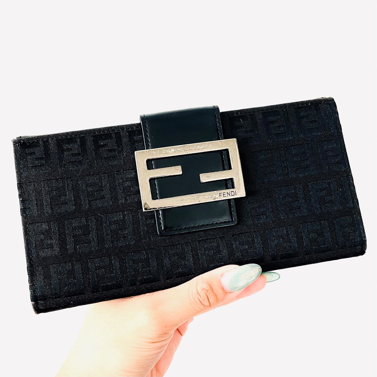 Fendi Black FF Zucchino Monogram Logo Flap Long Wallet