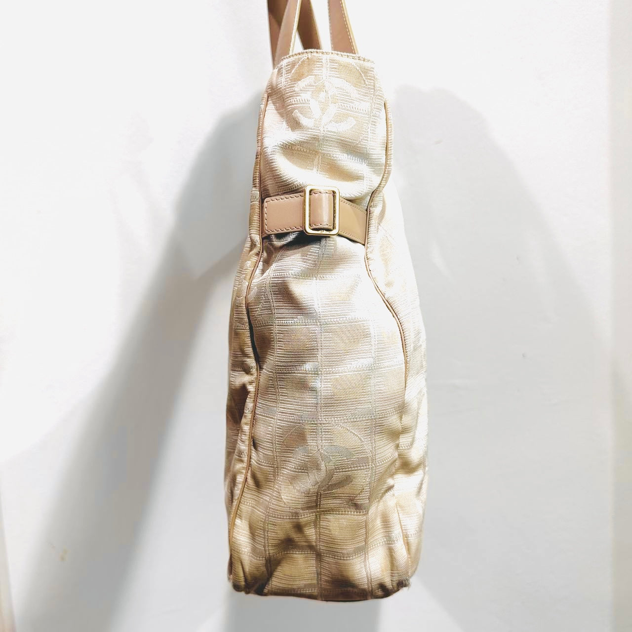 Chanel Beige GHW Travel Line Quilted Jacquard CC Monogram Logo Shopper Shoulder Tote Bag 10s