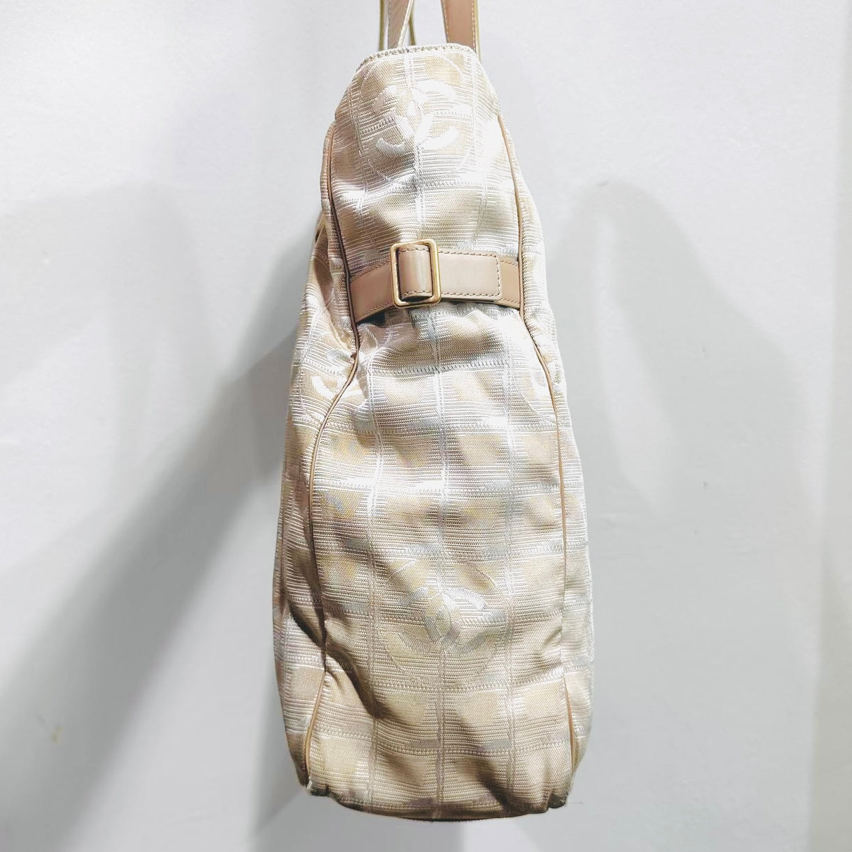 Chanel Beige GHW Travel Line Quilted Jacquard CC Monogram Logo Shopper Shoulder Tote Bag 10s