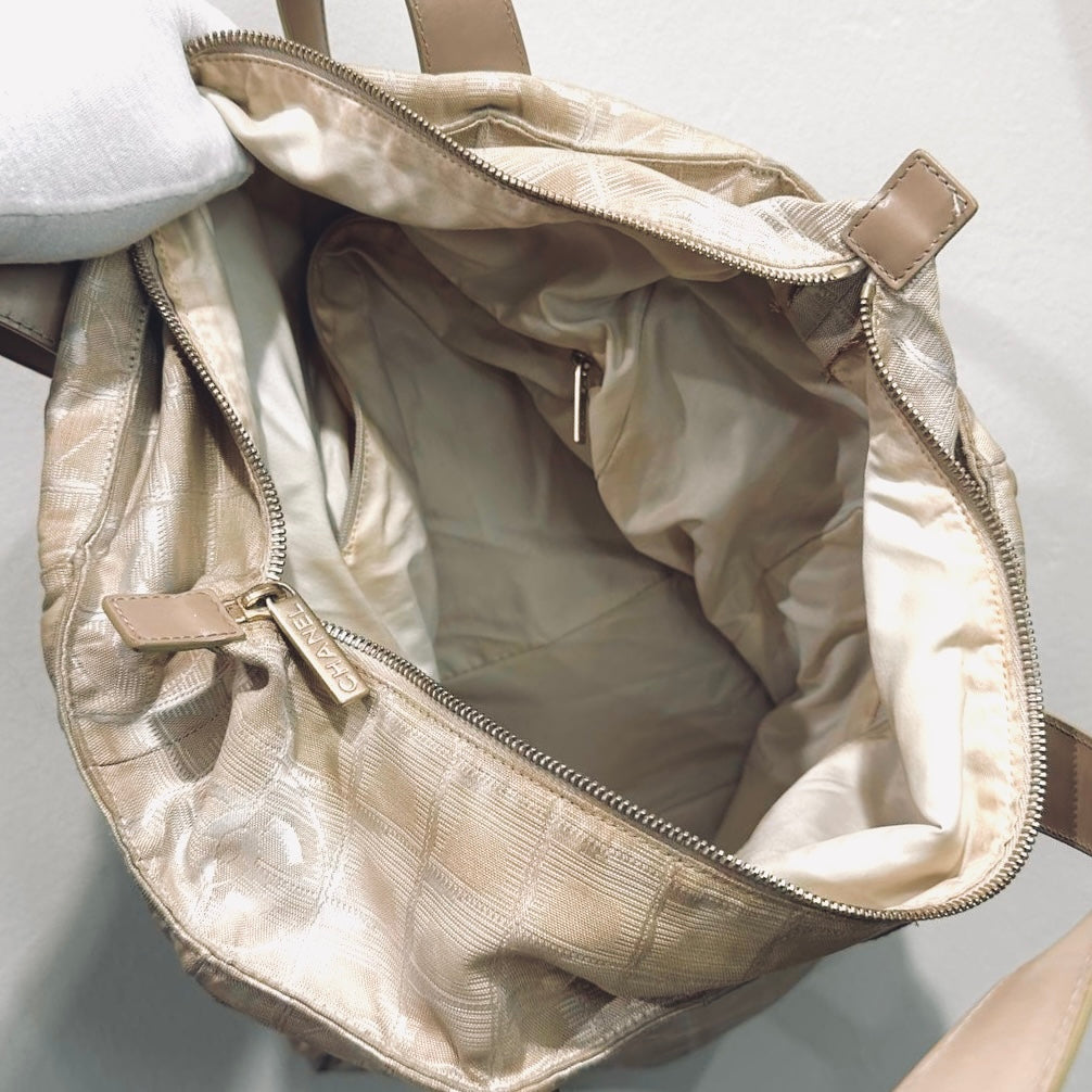 Chanel Beige GHW Travel Line Quilted Jacquard CC Monogram Logo Shopper Shoulder Tote Bag 10s