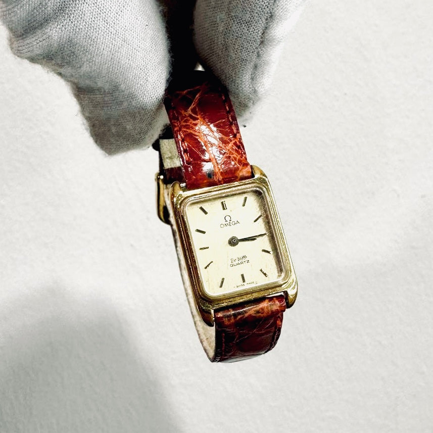 Omega De Ville White Rectangular Dial GHW Maroon Croc Embossed Leather Strap 19MM Quartz Vintage Watch