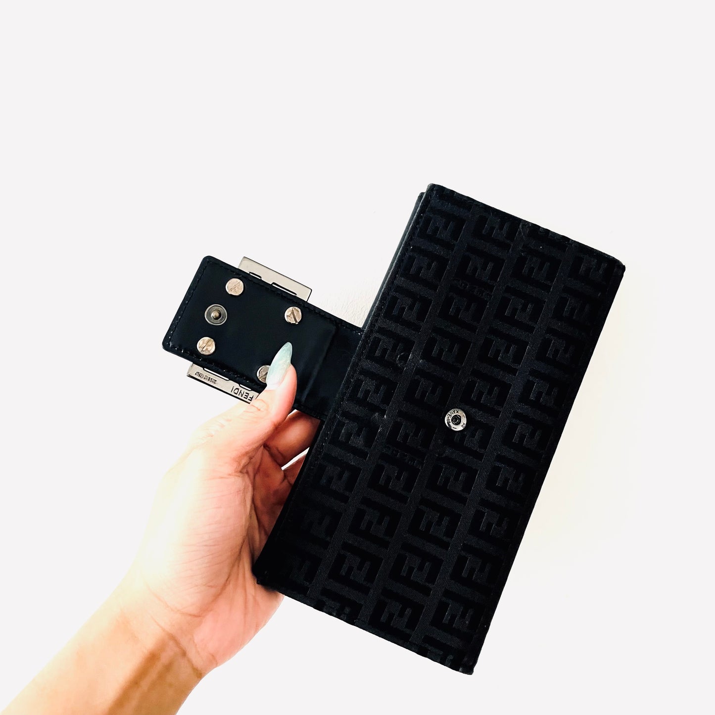 Fendi Black FF Zucchino Monogram Logo Flap Long Wallet