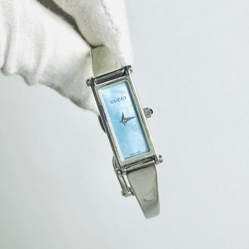 Gucci Blue MOP Mother Of Pearl Rectangular Dial Stainless Steel Bracelet Bangle 12MM 1500L Watch