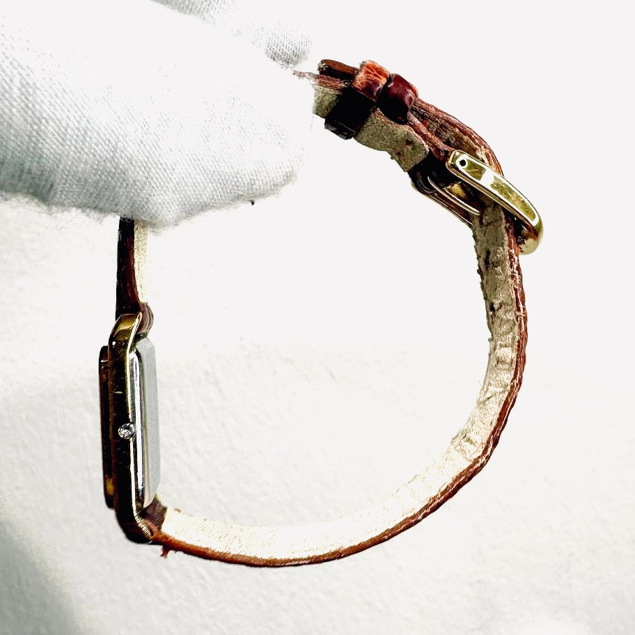 Omega De Ville White Rectangular Dial GHW Maroon Croc Embossed Leather Strap 19MM Quartz Vintage Watch