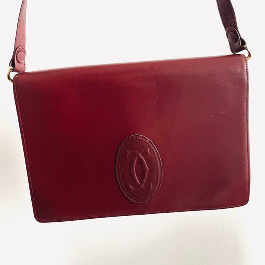Cartier Must / Mast de Cartier Maroon Red GHW Smooth Leather Full Flap Shoulder Sling Bag