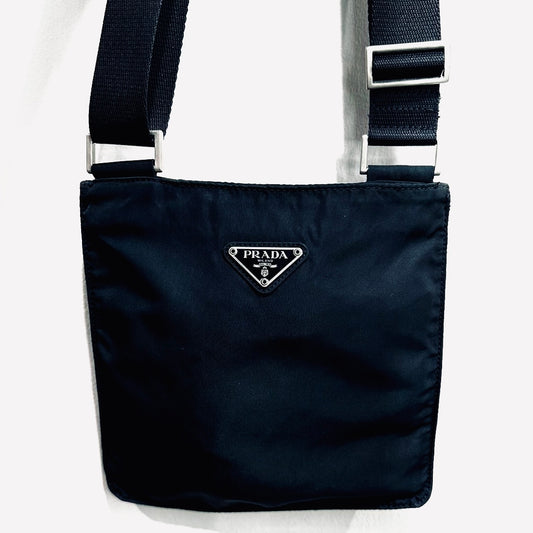 Prada Navy Blue Tessuto Logo Classic Nylon & Leather Shoulder Sling Bag